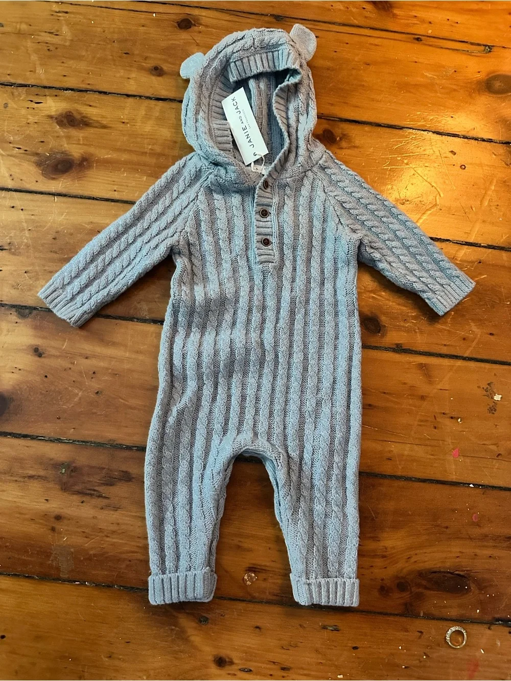 Janie and Jack Blue Cable-Knit Hooded One-Piece with Ear Detail